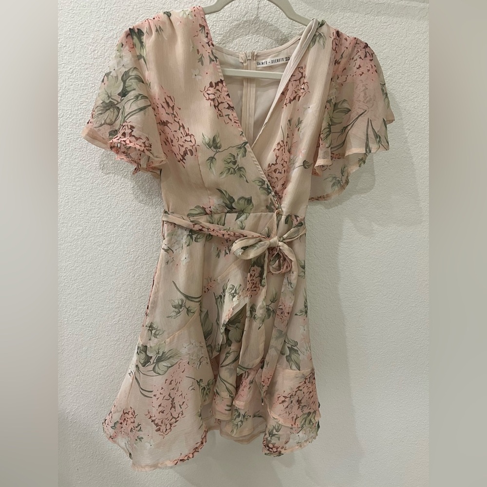 Tan Floral Ruffled Wrap Sundress with Flutter Sleeves